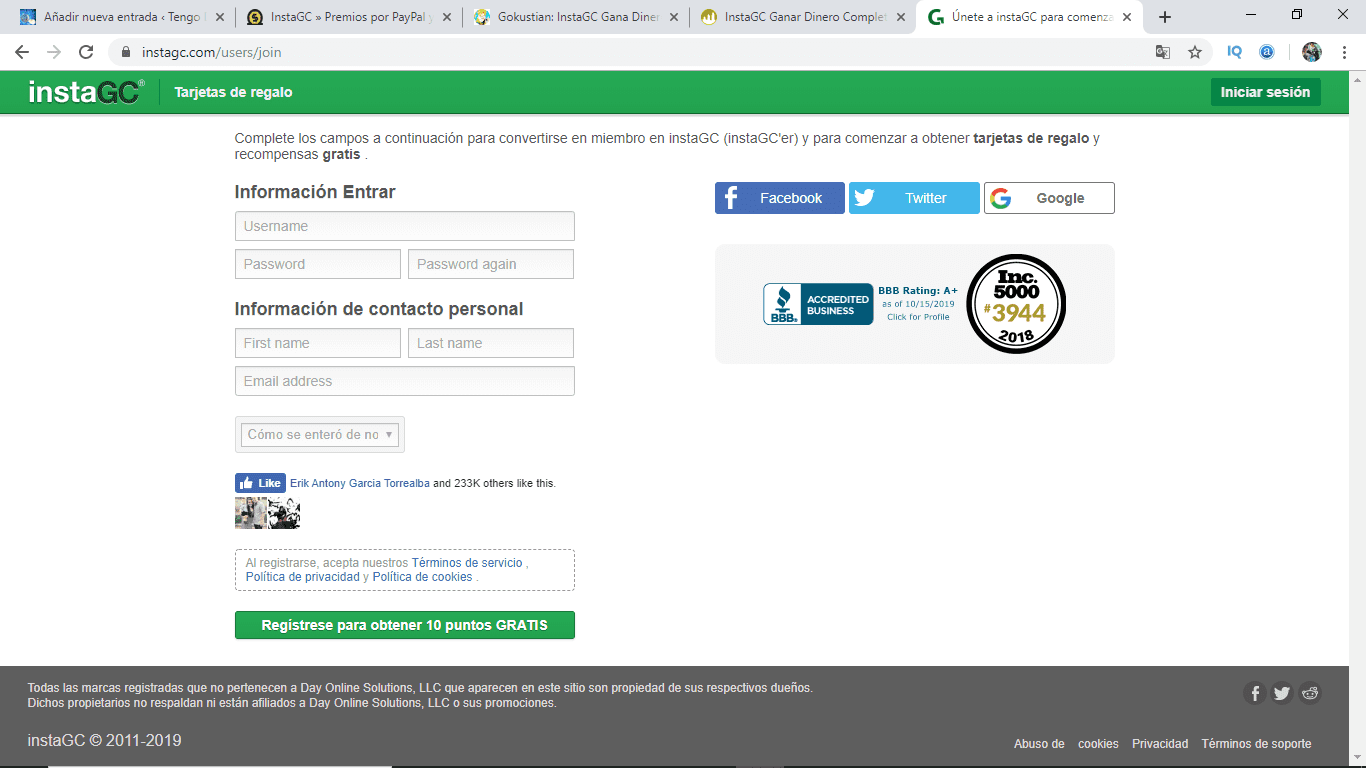 Registrarse en InstaGC