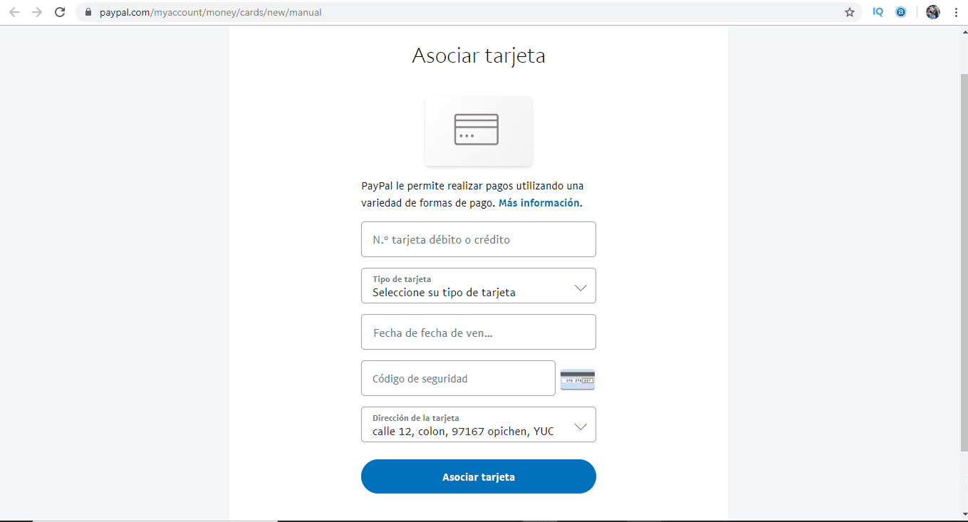 asociar una tarjeta de débito o crédito en paypal