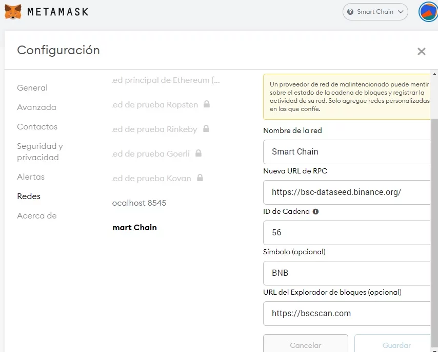 configuración pancakeswap