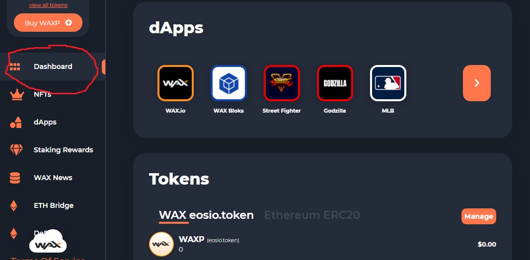 wax wallet dashboard