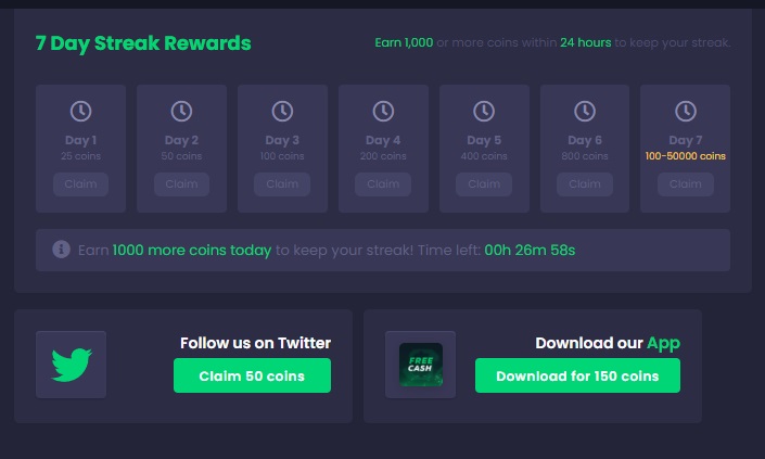 freecash 7 day rewards