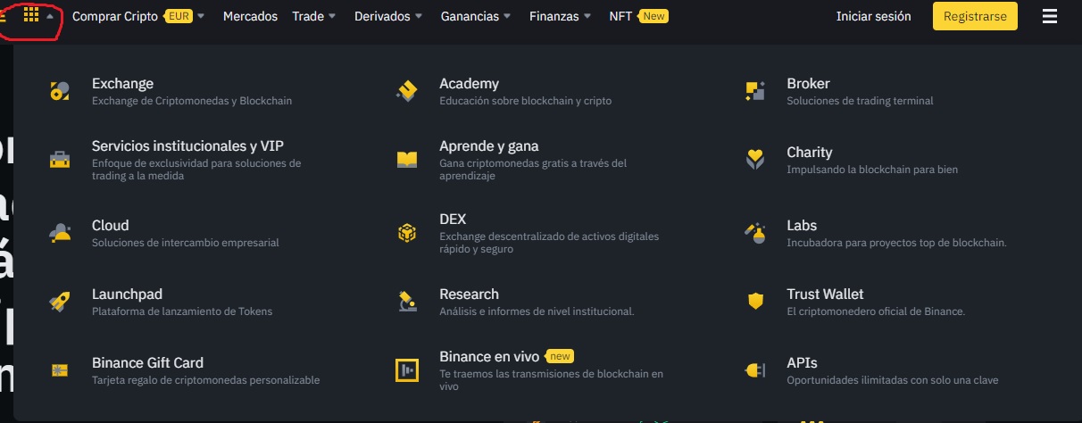 tabla de menu binance